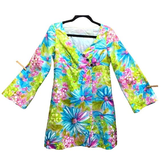 VINTAGE 70s Bright Floral Handmade Baby  Doll Tunic Pant Set Womens Bell Bottom - Picture 4 of 16